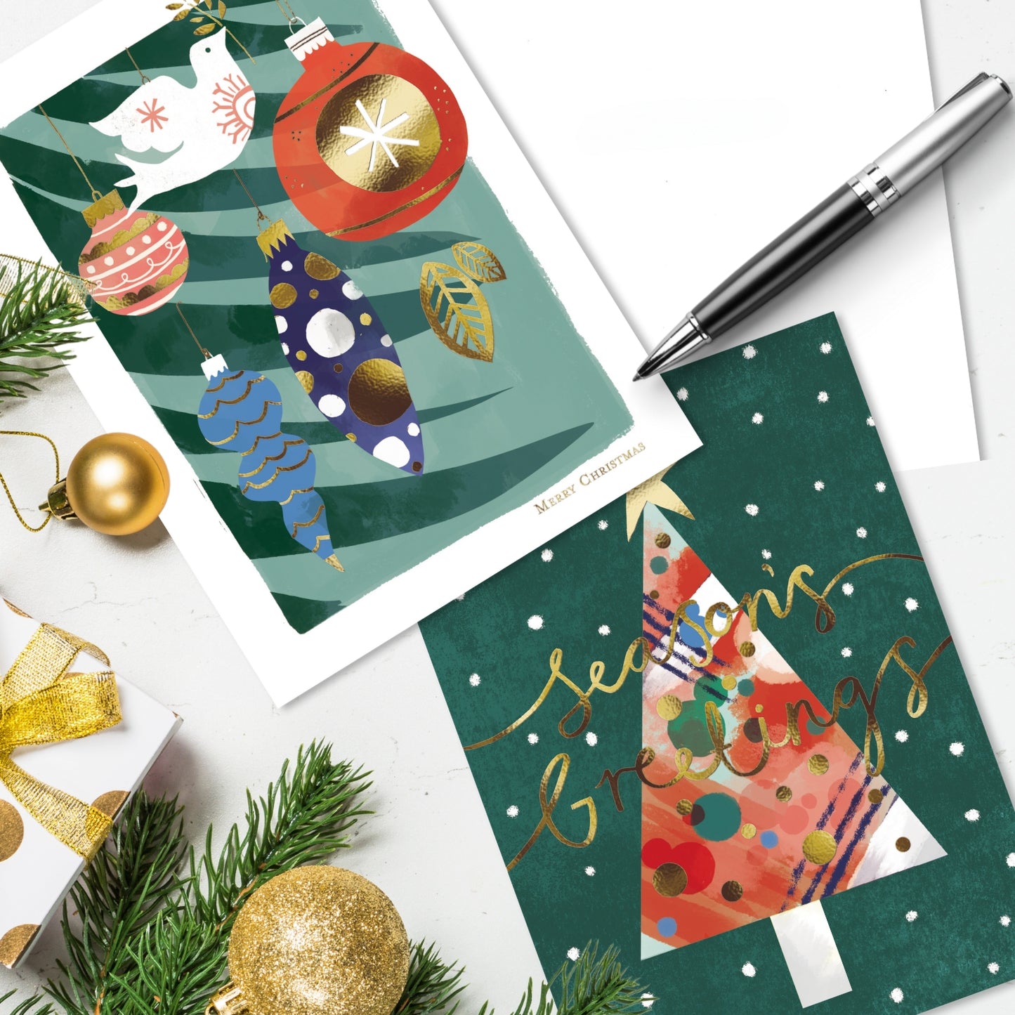 Box of 12 Seasonal Tree Baubles Christmas Cards In 2 Designs