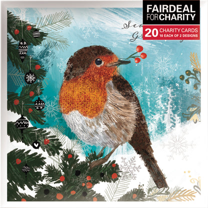 Box of 20 Christmas Robin & Hares Fairdeal Charity Christmas Cards