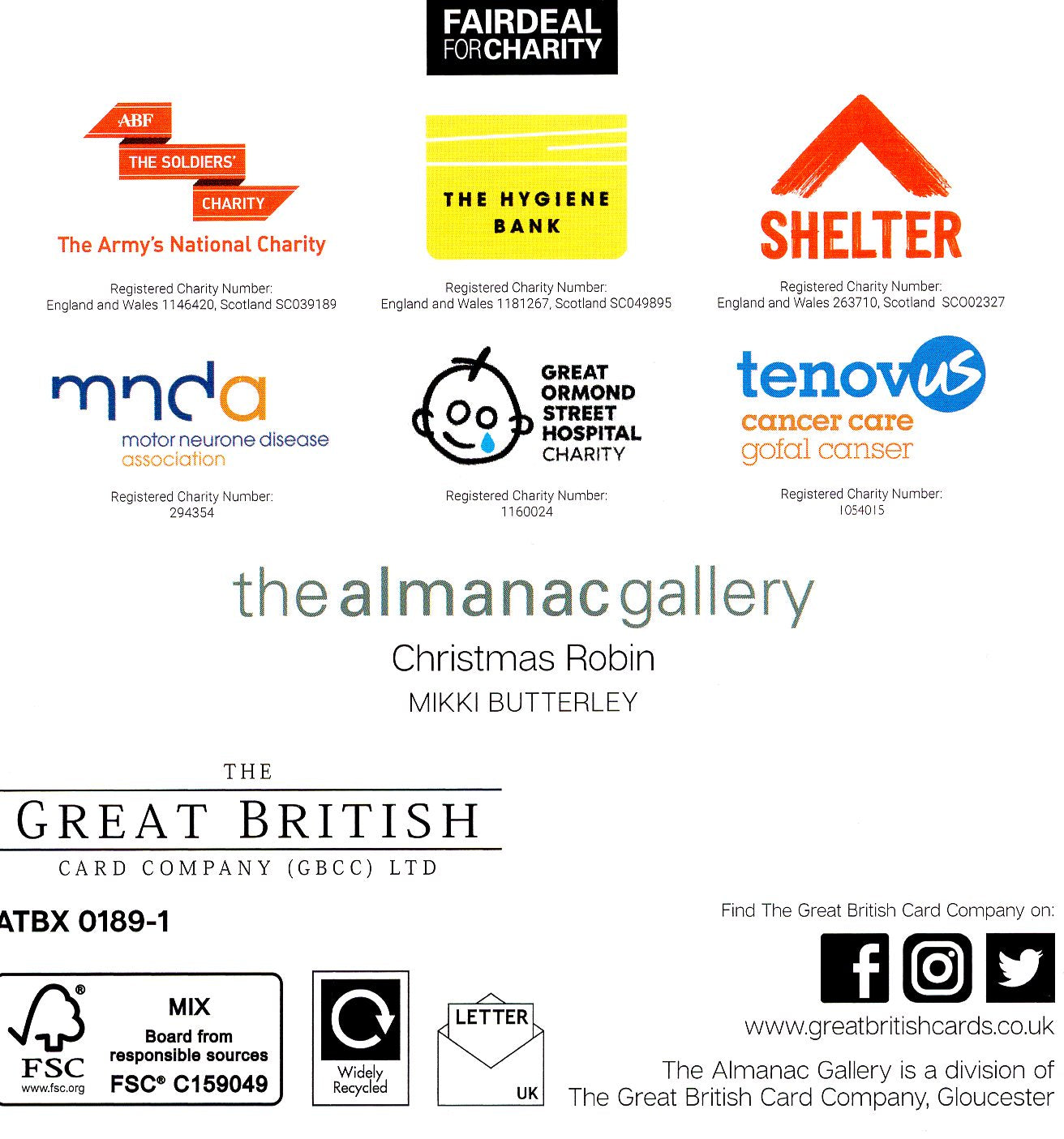 Box of 20 Christmas Robin & Hares Fairdeal Charity Christmas Cards