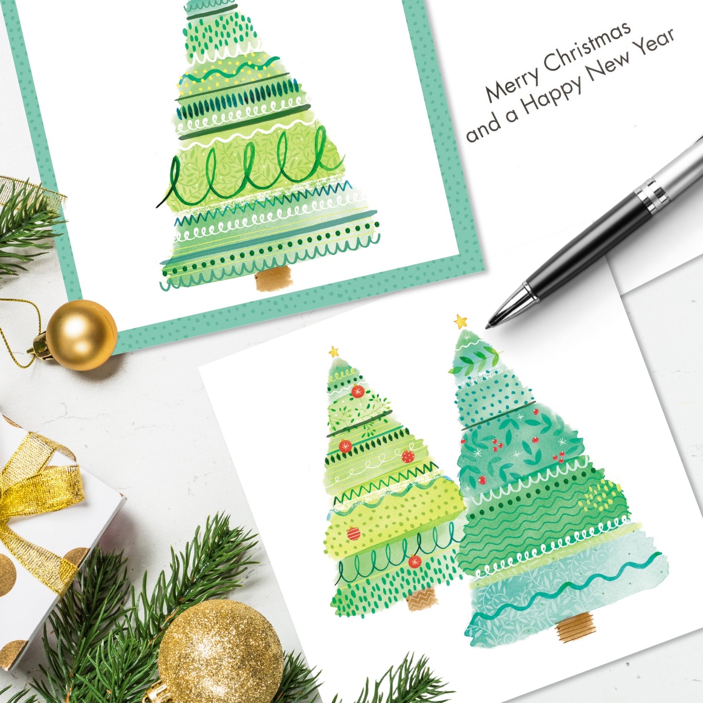 Box of 20 Watercolour Xmas Trees Fairdeal Charity Christmas Cards