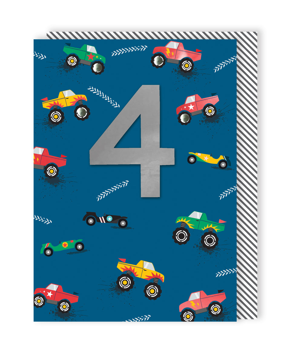 Boys 4th Birthday Monster Trucks Embellished Greeting Card
