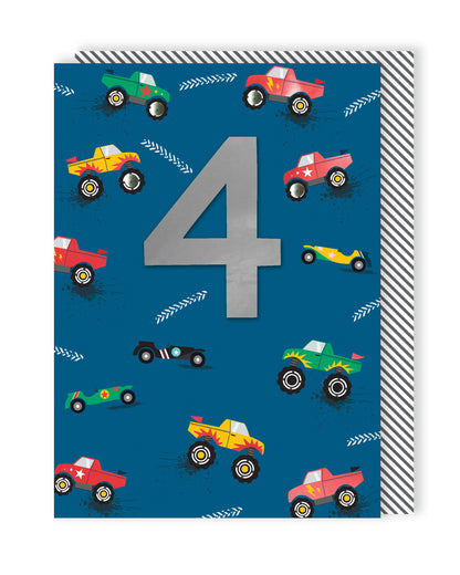Boys 4th Birthday Monster Trucks Embellished Greeting Card