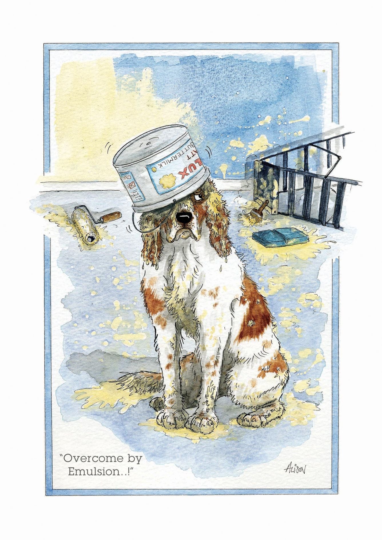 Dog Overcome By Emulsion Spilt Paint Alison's Animals Cartoon Greeting Card