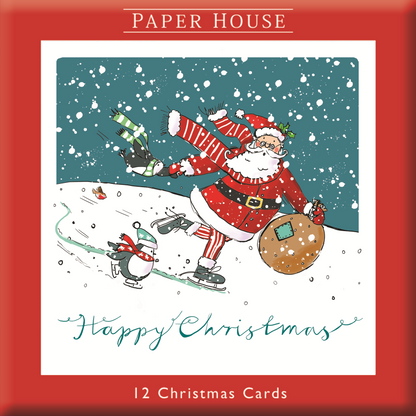 Box of 12 Paper House Skating Santa Christmas Cards