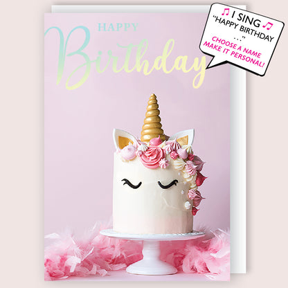 Choose Name - Pink Unicorn Musical Birthday Card Singing "Happy Birthday To You"