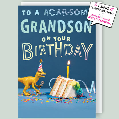 Choose Name - Roar-some Grandson Musical Birthday Card Singing "Happy Birthday Dear Grandson"