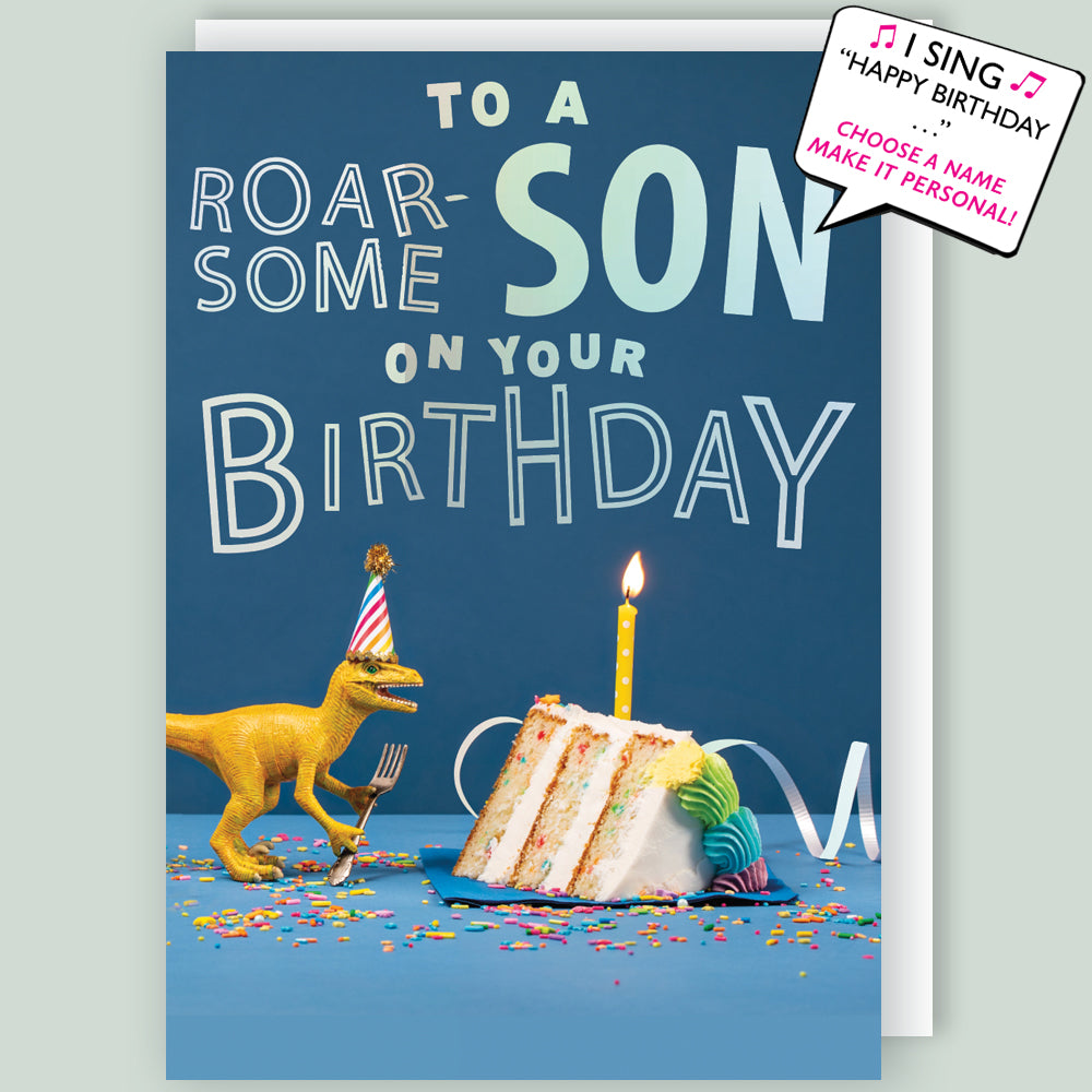 Choose Name - Roar-some Son Musical Birthday Card Singing "Happy Birthday Dear Son"