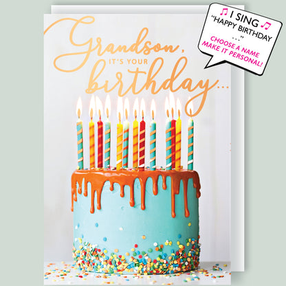 Choose Name - It's Your Birthday Grandson Musical Birthday Card Singing "Happy Birthday Dear Grandson"