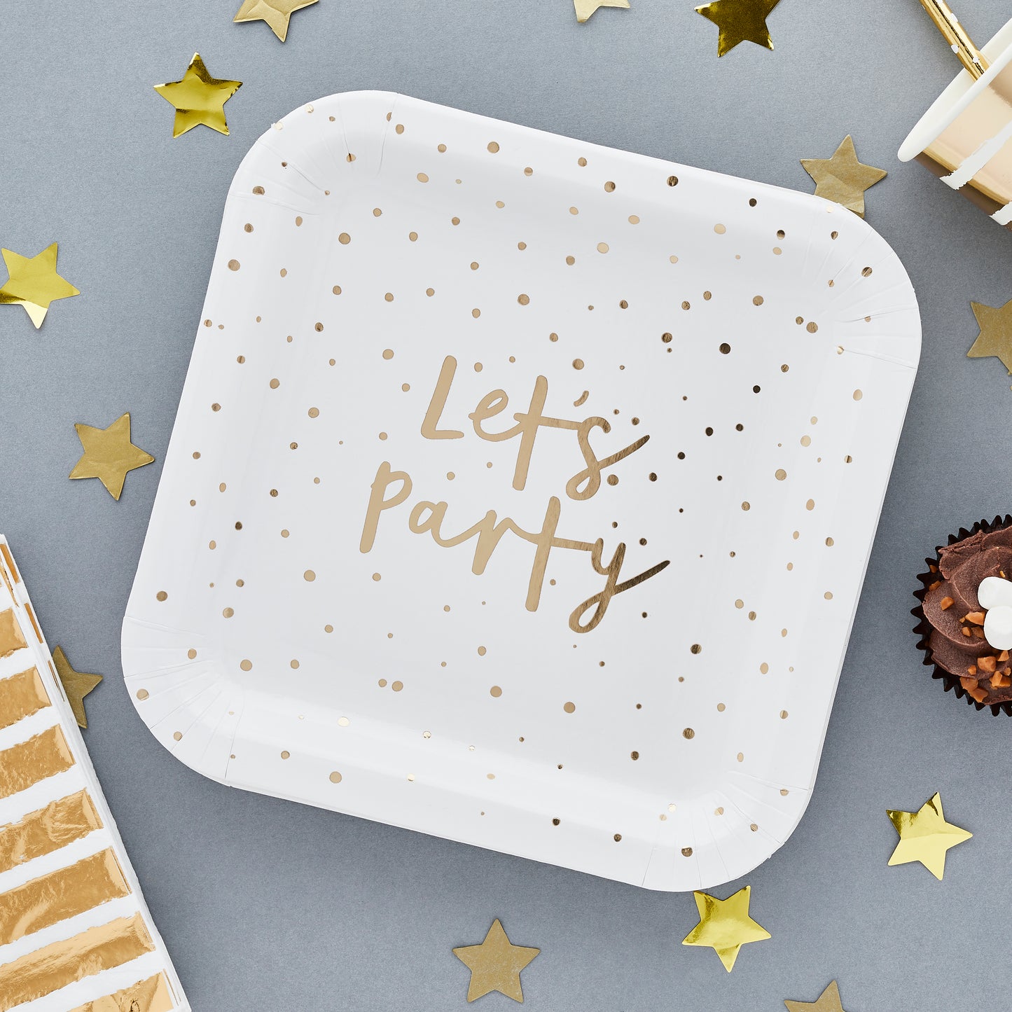 Hootyballoo 8 Pack Gold 'Lets Party' Paper Plates Party Tableware Partyware