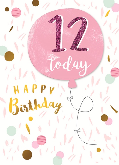 Girls 12th Birthday Balloon Greeting Card