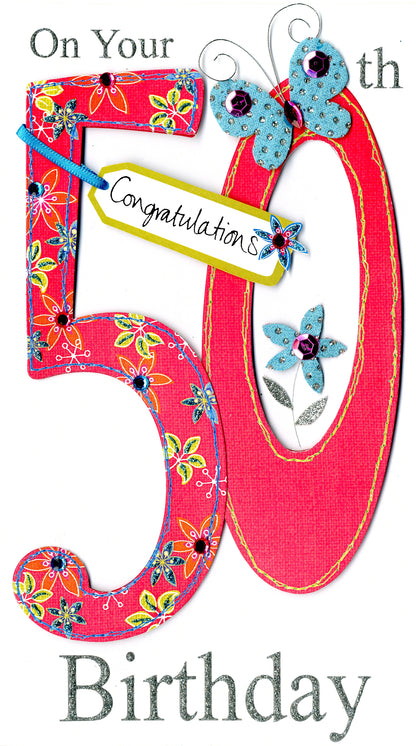 Gorgeous 50th Age 50 Birthday Greeting Card Hand-Finished Champagne Range Cards