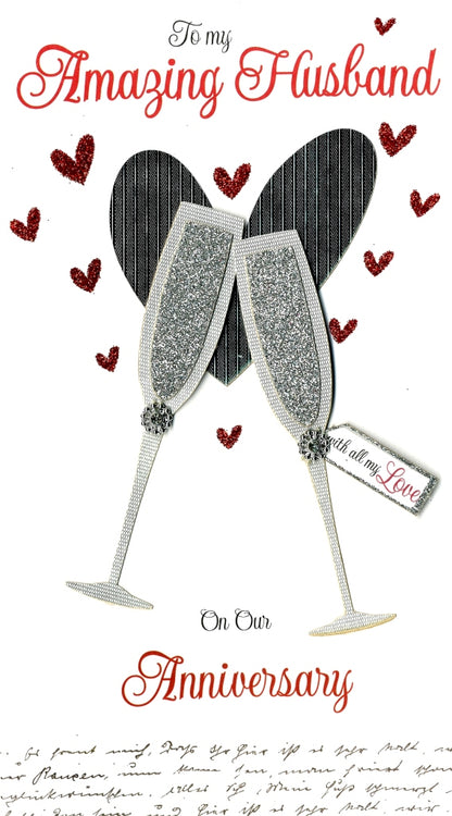 Amazing Husband Anniversary Luxury Champagne Greeting Card Hand-Finished Cards