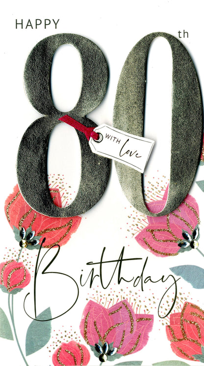 80th Birthday Greeting Card Hand-Finished