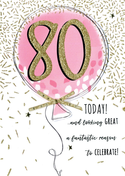 Female 80th Pink Balloon Birthday Greeting Card