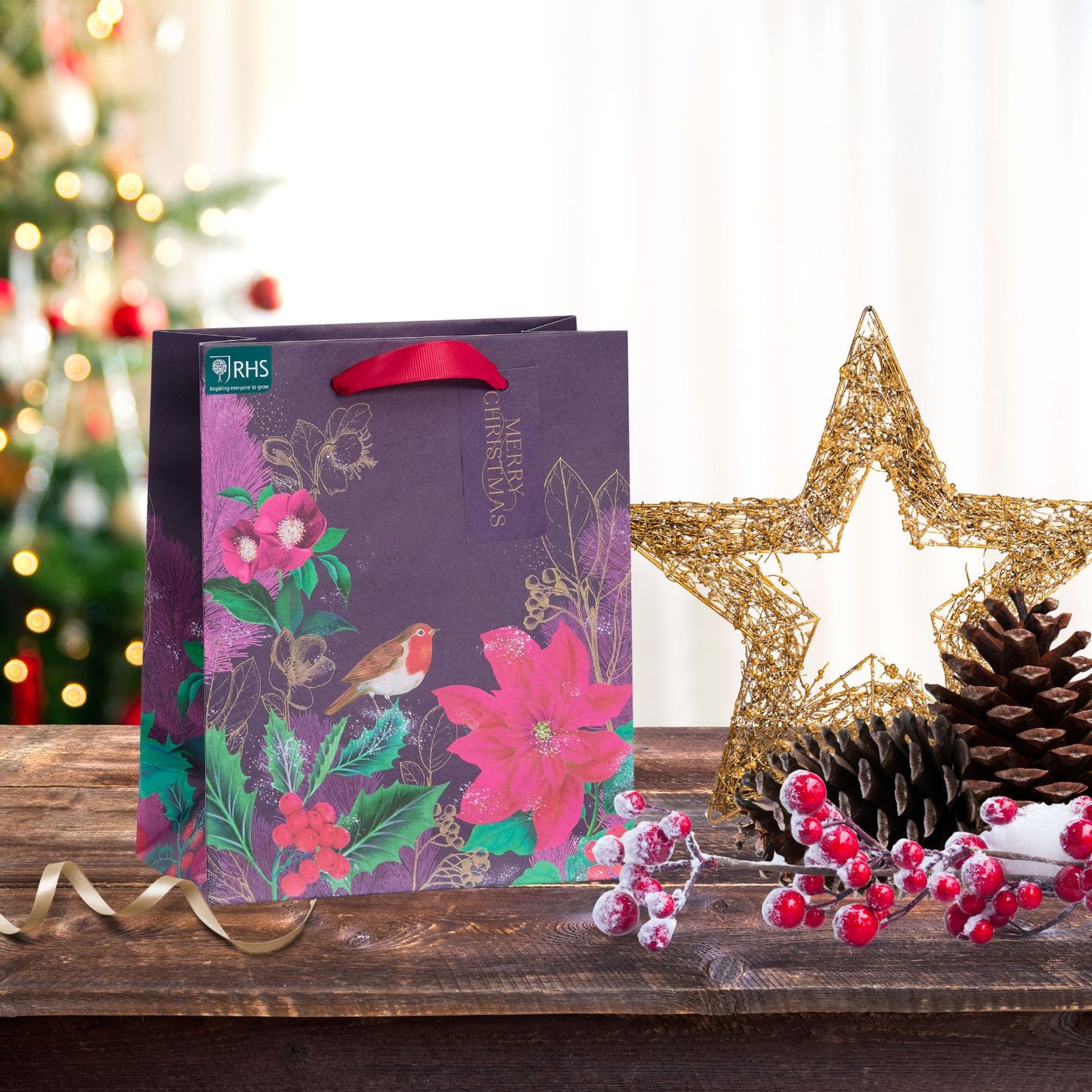 RHS Floral Medium Christmas Gift Bag Festive Xmas Gift Wrap Gifting Accessory