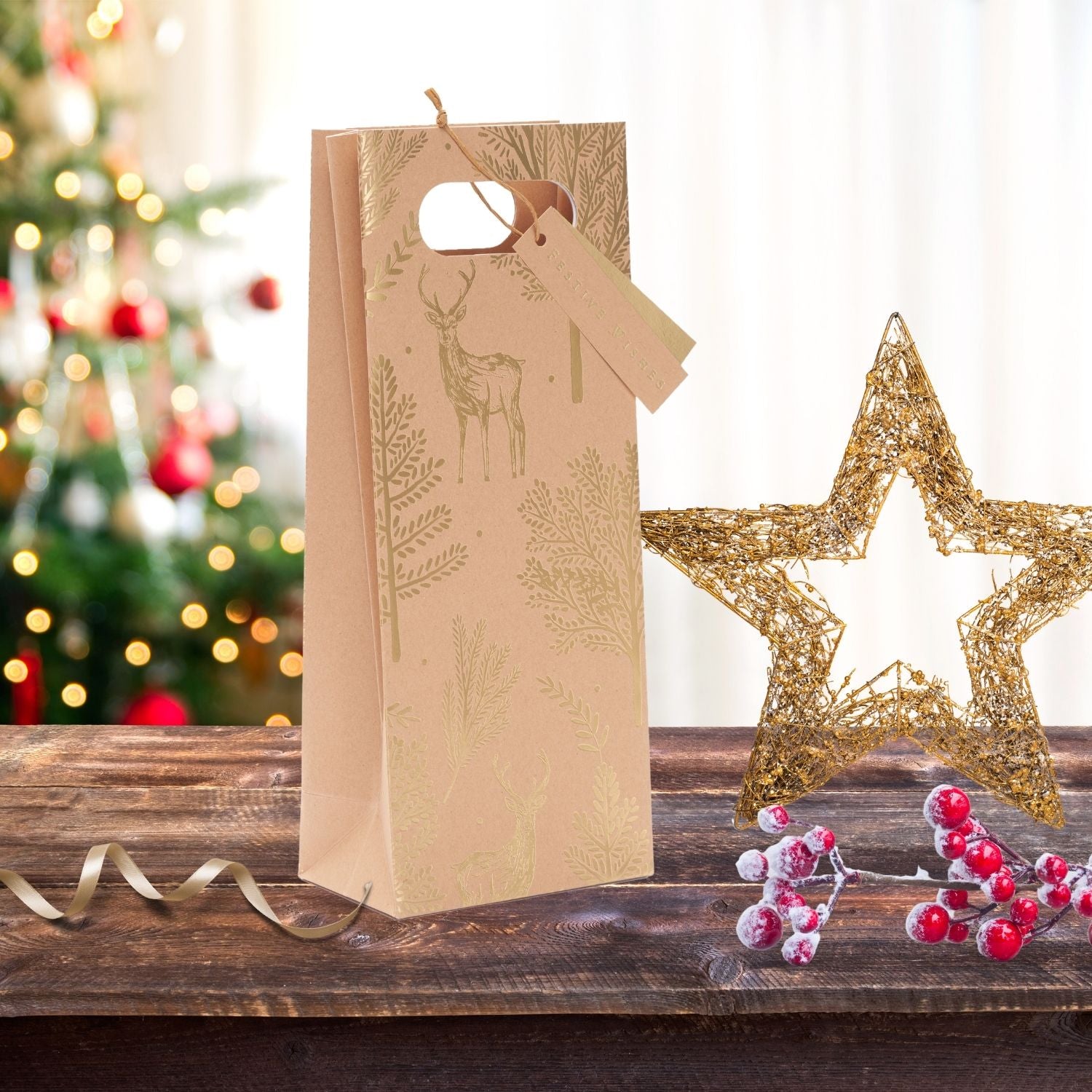 Eco-Friendly Gold Stag Kraft Christmas Bottle Gift Bag Xmas