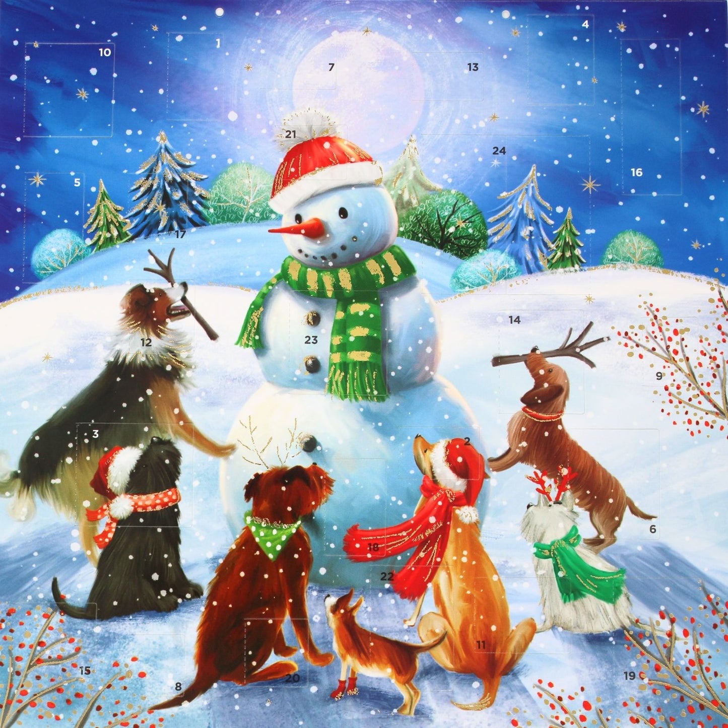 Traditional Picture Advent Calendar Dogs Around Snowman Christmas Countdown Gift