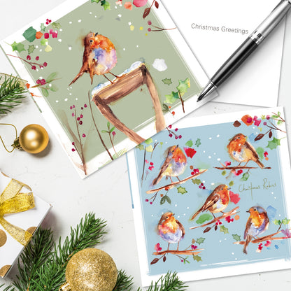 Box of 16 Christmas Robin Red Breasts Christmas Cards In 2 Designs