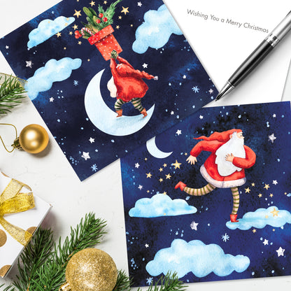 Box of 16 Santa In The Starry Sky Christmas Cards In 2 Designs