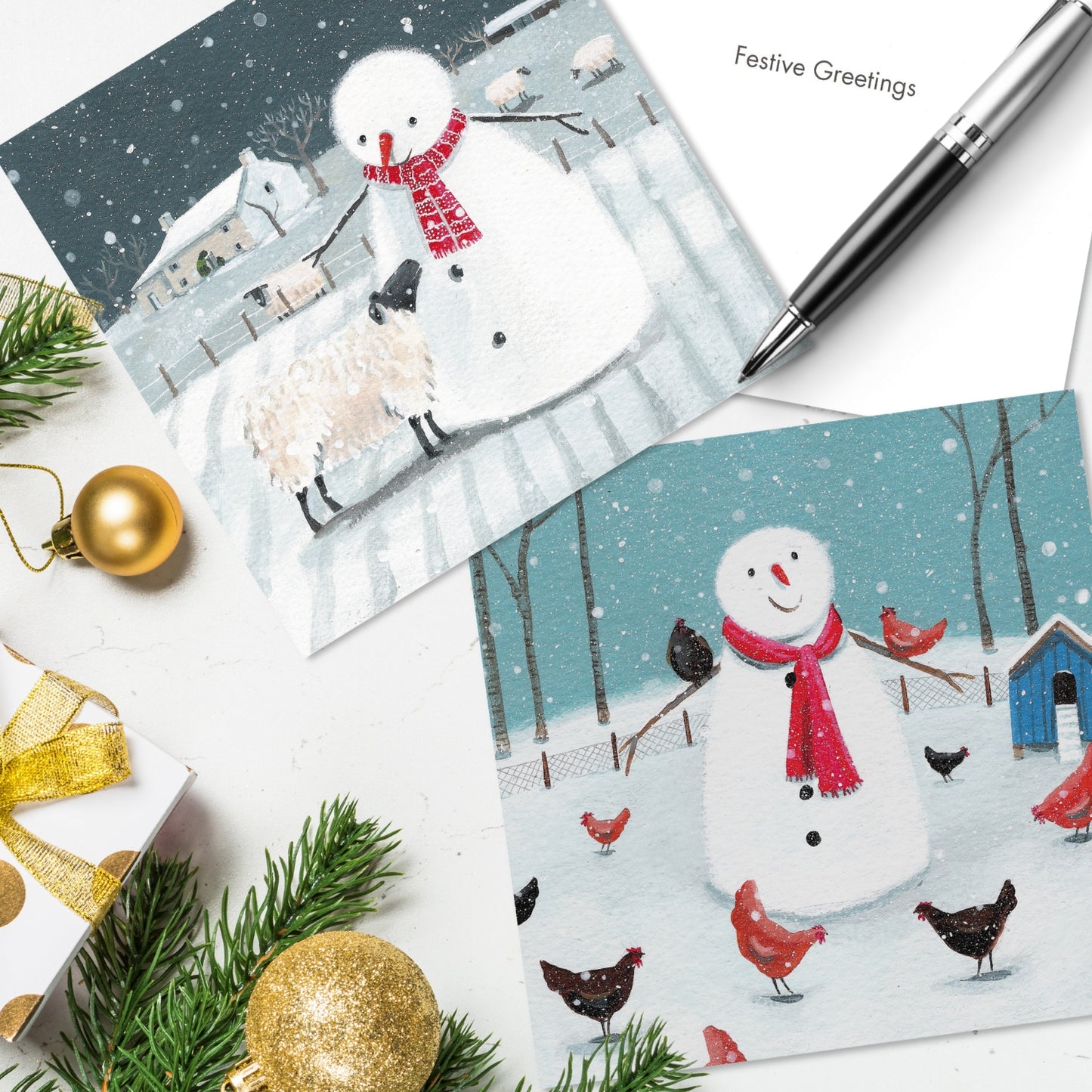 Box of 16 Snowman On The Farm Christmas Cards In 2 Designs