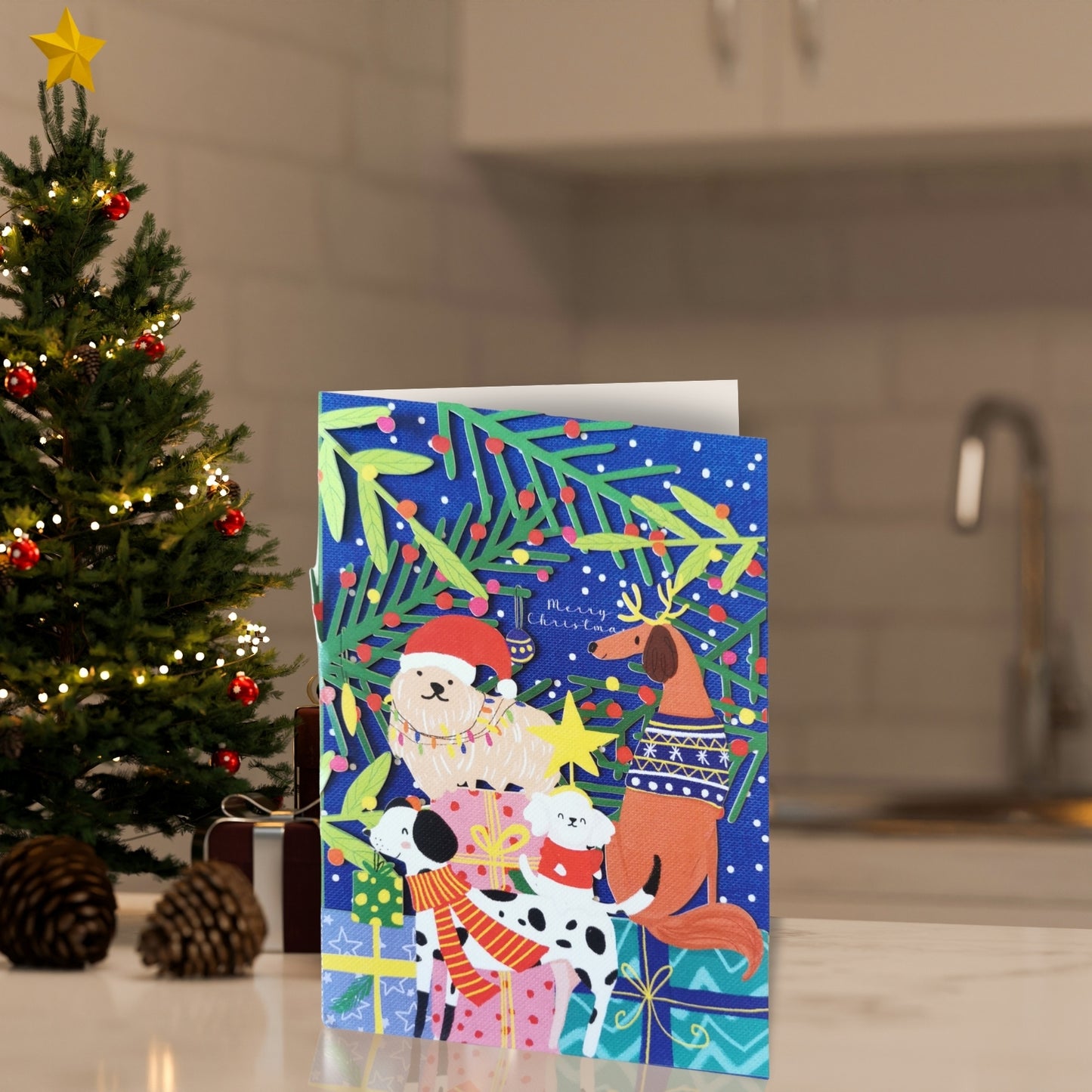 Paper Cut Art Merry Christmas Dogs Laser Cut Christmas Greeting Card