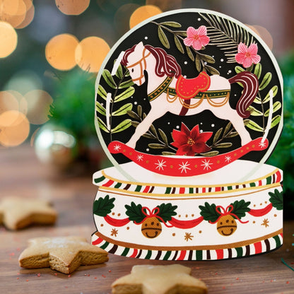 Paper Cut Art Christmas Card Laser Cut Rocking Horse Snow Globe Xmas Greeting