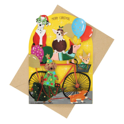 Paper Cut Art Christmas Card Laser Cut Festive Dogs On Bike Xmas Greeting Cards