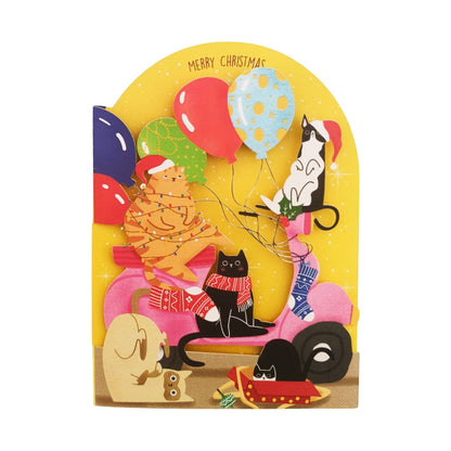 Paper Cut Art Christmas Card Laser Cut Cats On Pink Scooter Xmas Greeting Cards