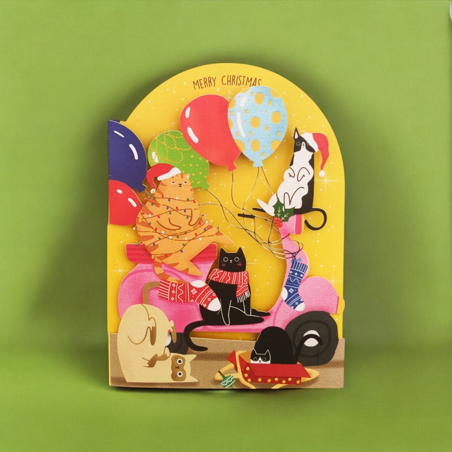 Paper Cut Art Christmas Card Laser Cut Cats On Pink Scooter Xmas Greeting Cards