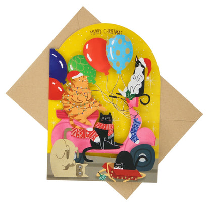 Paper Cut Art Christmas Card Laser Cut Cats On Pink Scooter Xmas Greeting Cards