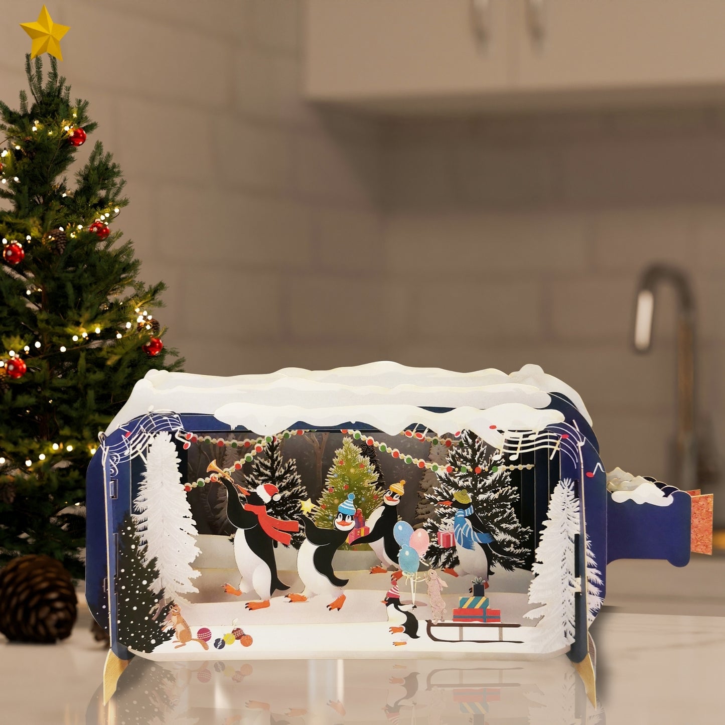Message In A Bottle Penguins Dancing Pop Up Christmas Greeting Card