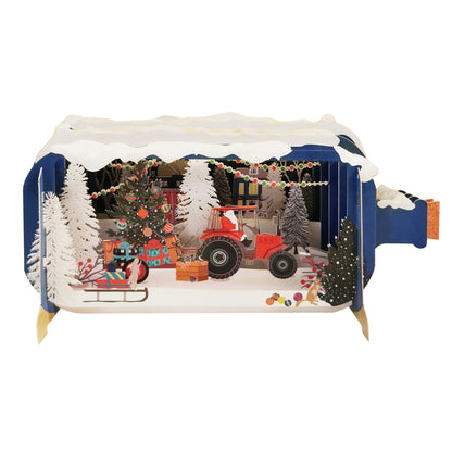 Message In A Bottle Santa Driving A Red Tractor Pop Up Christmas Greeting Card