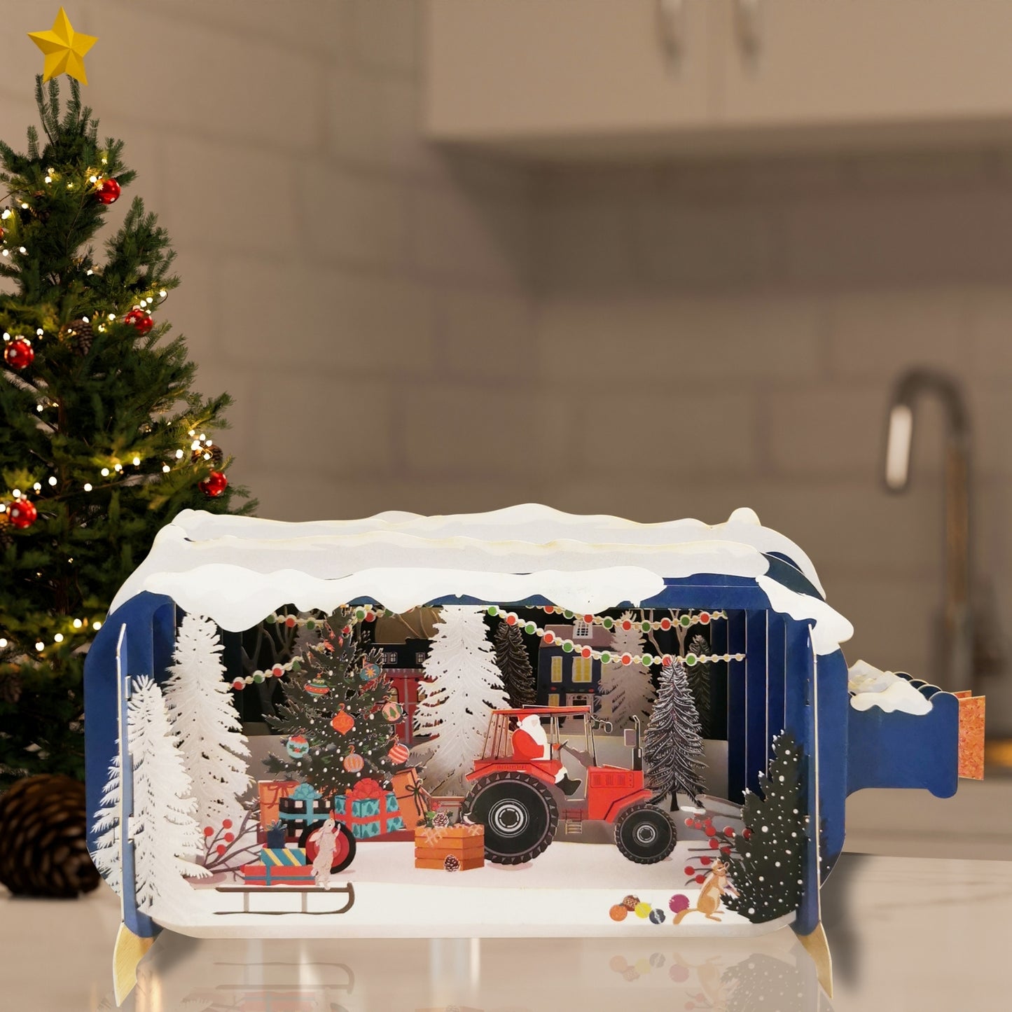 Message In A Bottle Santa Driving A Red Tractor Pop Up Christmas Greeting Card