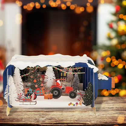 Message In A Bottle Santa Driving A Red Tractor Pop Up Christmas Greeting Card