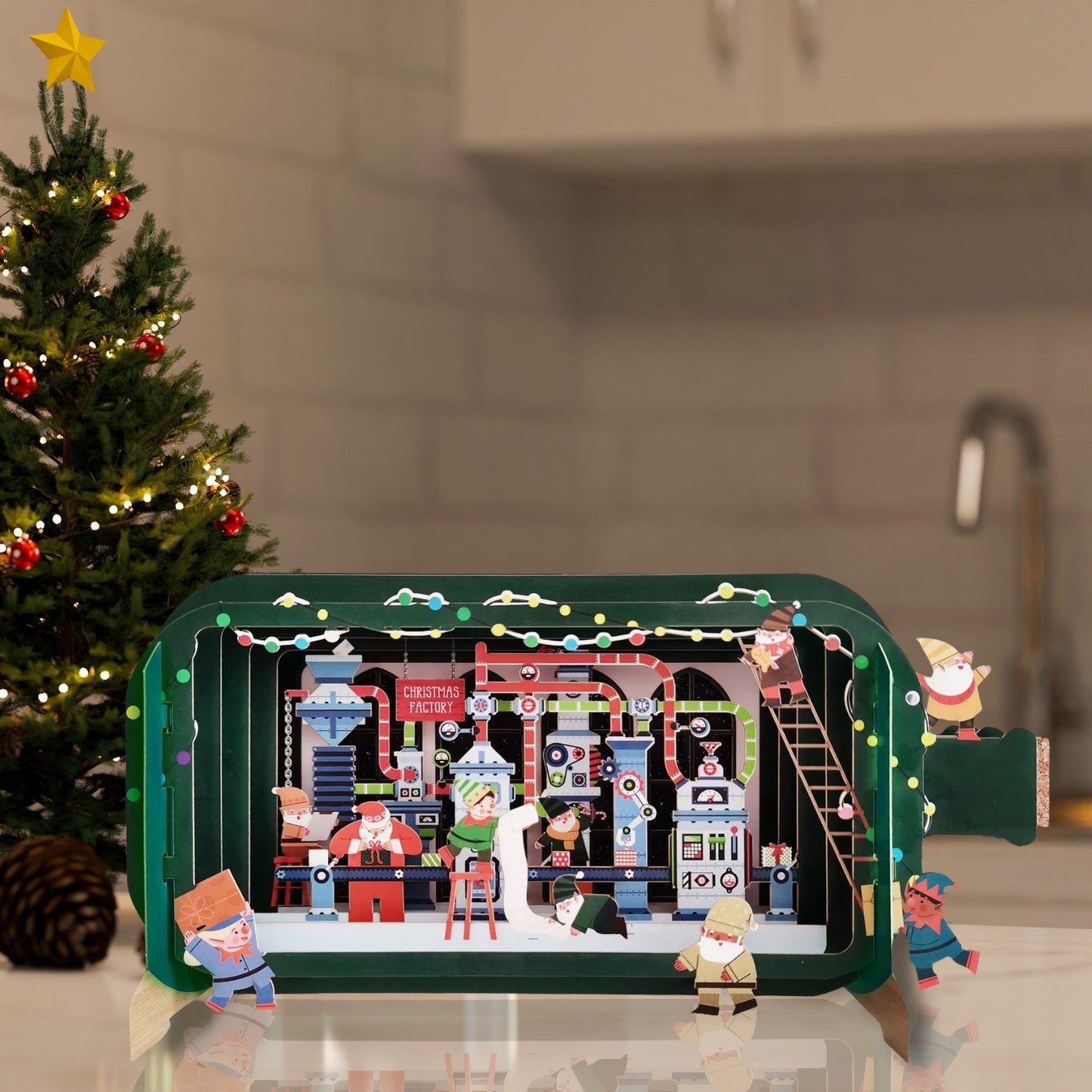 Message In A Bottle Elf Christmas Factory Pop Up Christmas Greeting Card