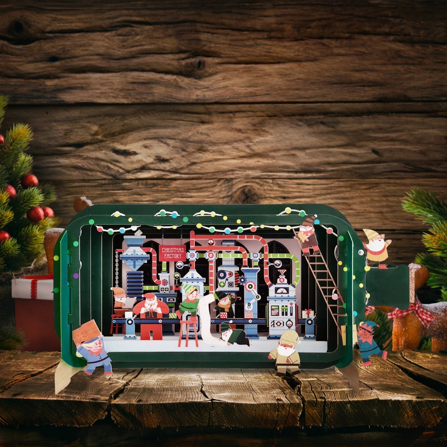 Message In A Bottle Elf Christmas Factory Pop Up Christmas Greeting Card