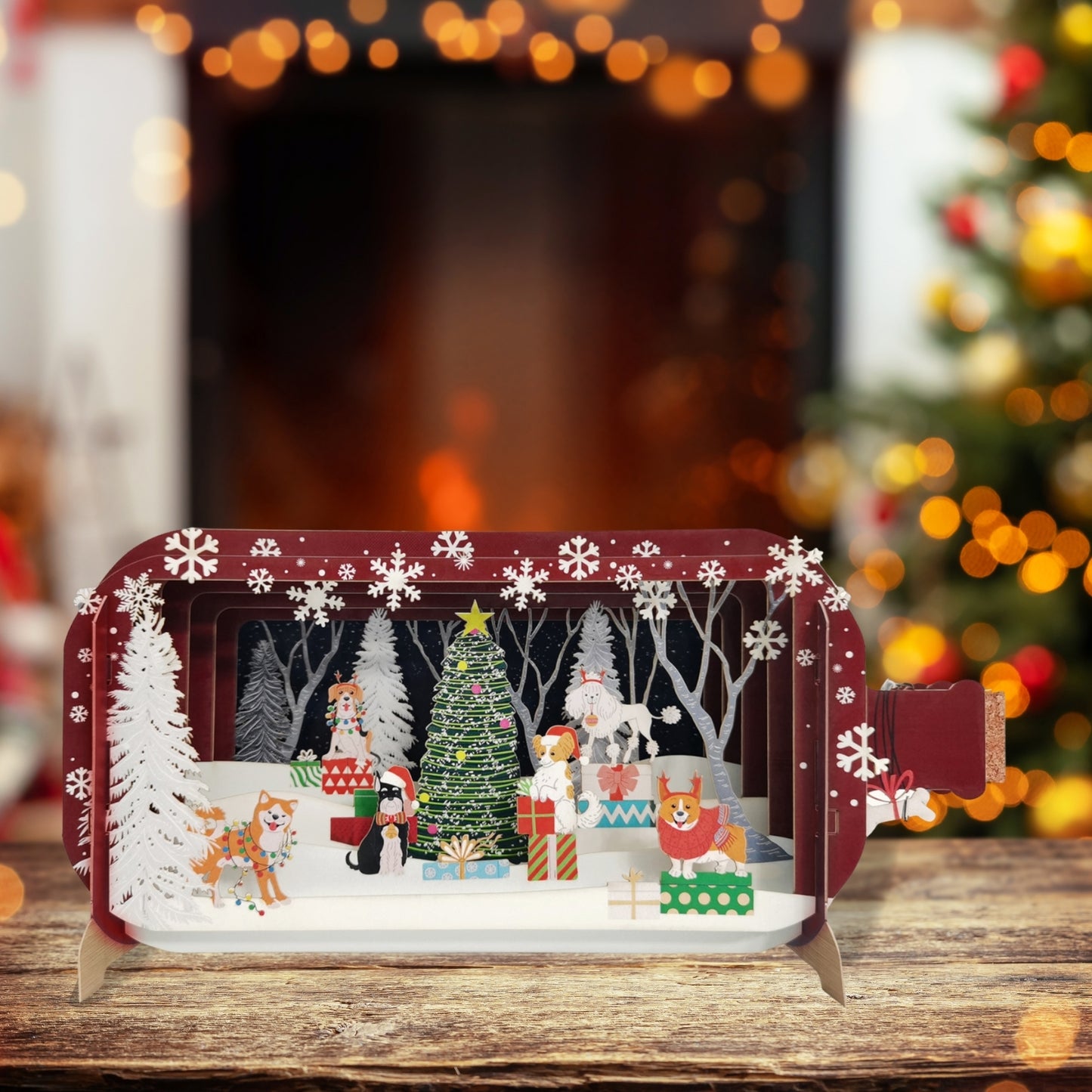 Message In A Bottle Festive Xmas Dogs Pop Up Christmas Greeting Card