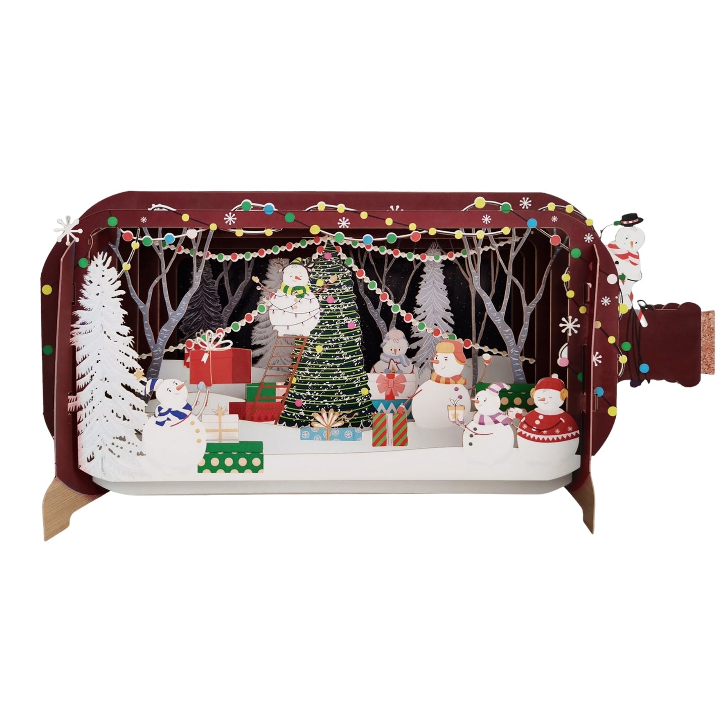Message In A Bottle Snowmen Decorating The Tree Pop Up Christmas Greeting Card