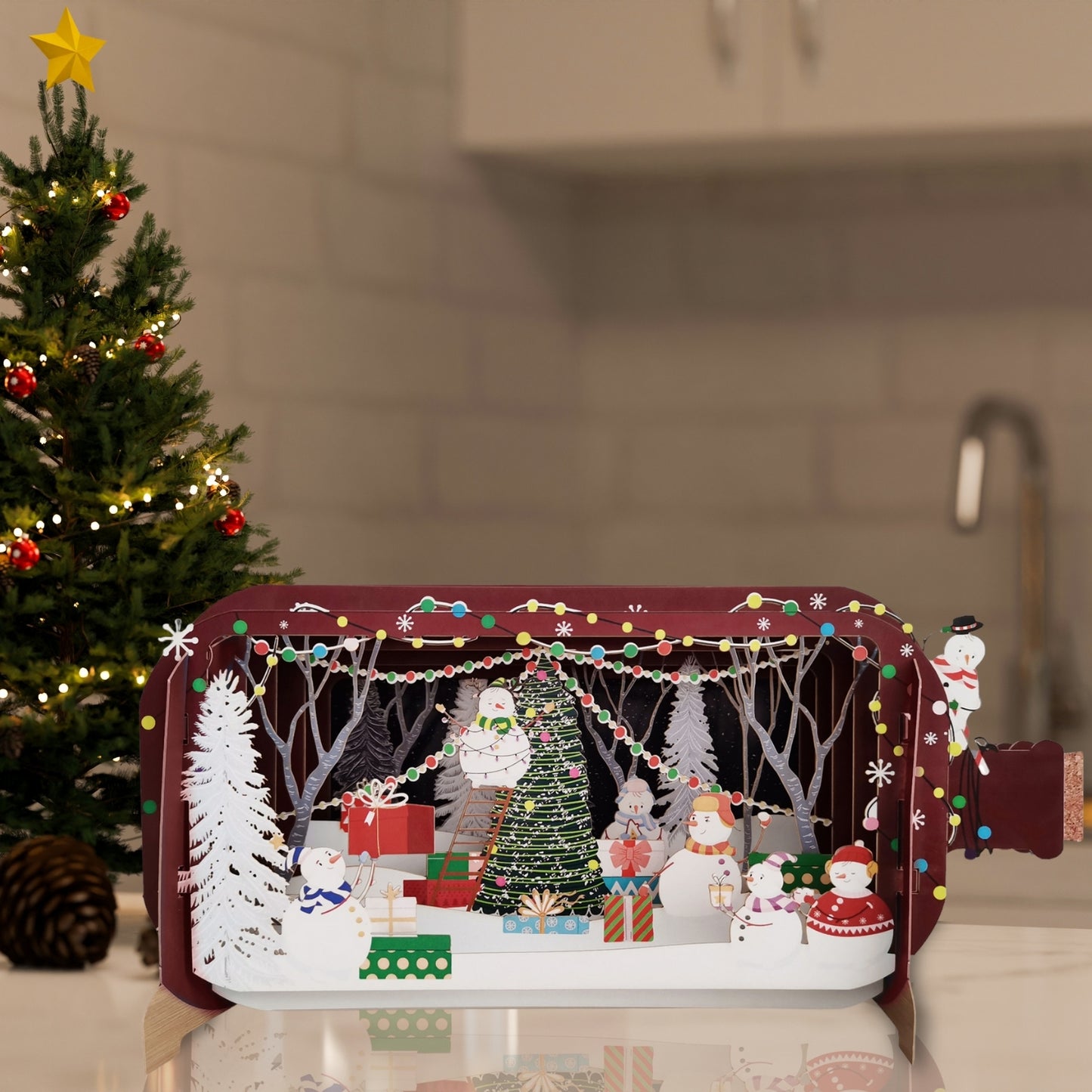 Message In A Bottle Snowmen Decorating The Tree Pop Up Christmas Greeting Card