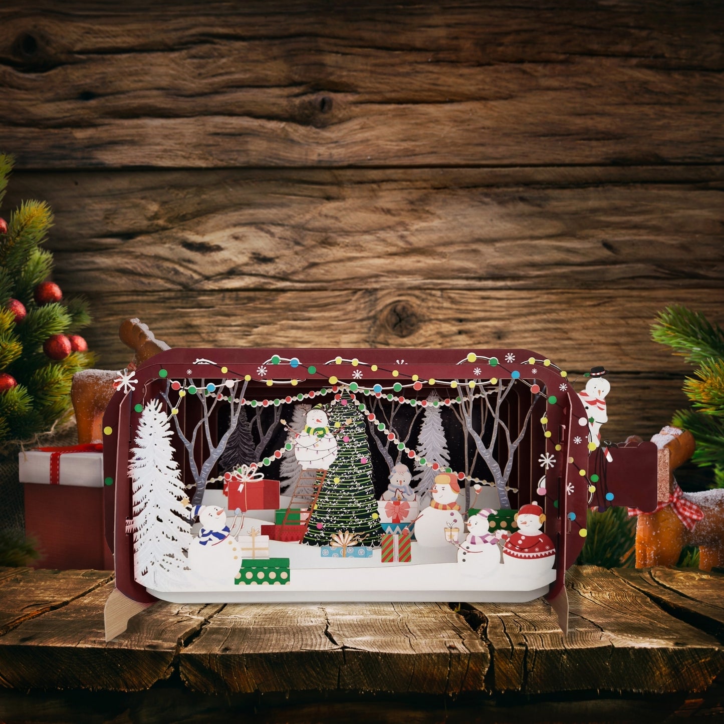 Message In A Bottle Snowmen Decorating The Tree Pop Up Christmas Greeting Card