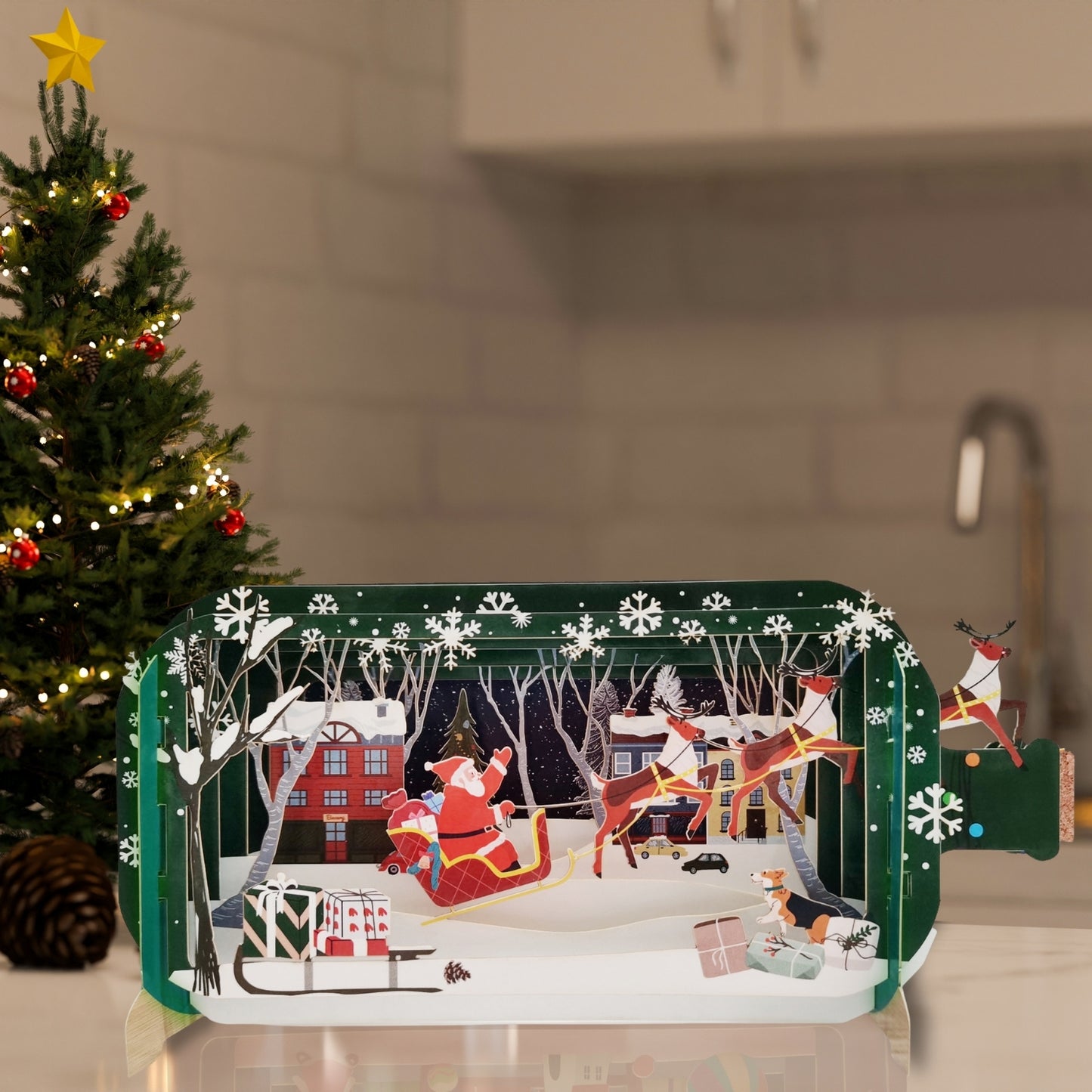 Message In A Bottle Santa & Sleigh Pop Up Christmas Greeting Card