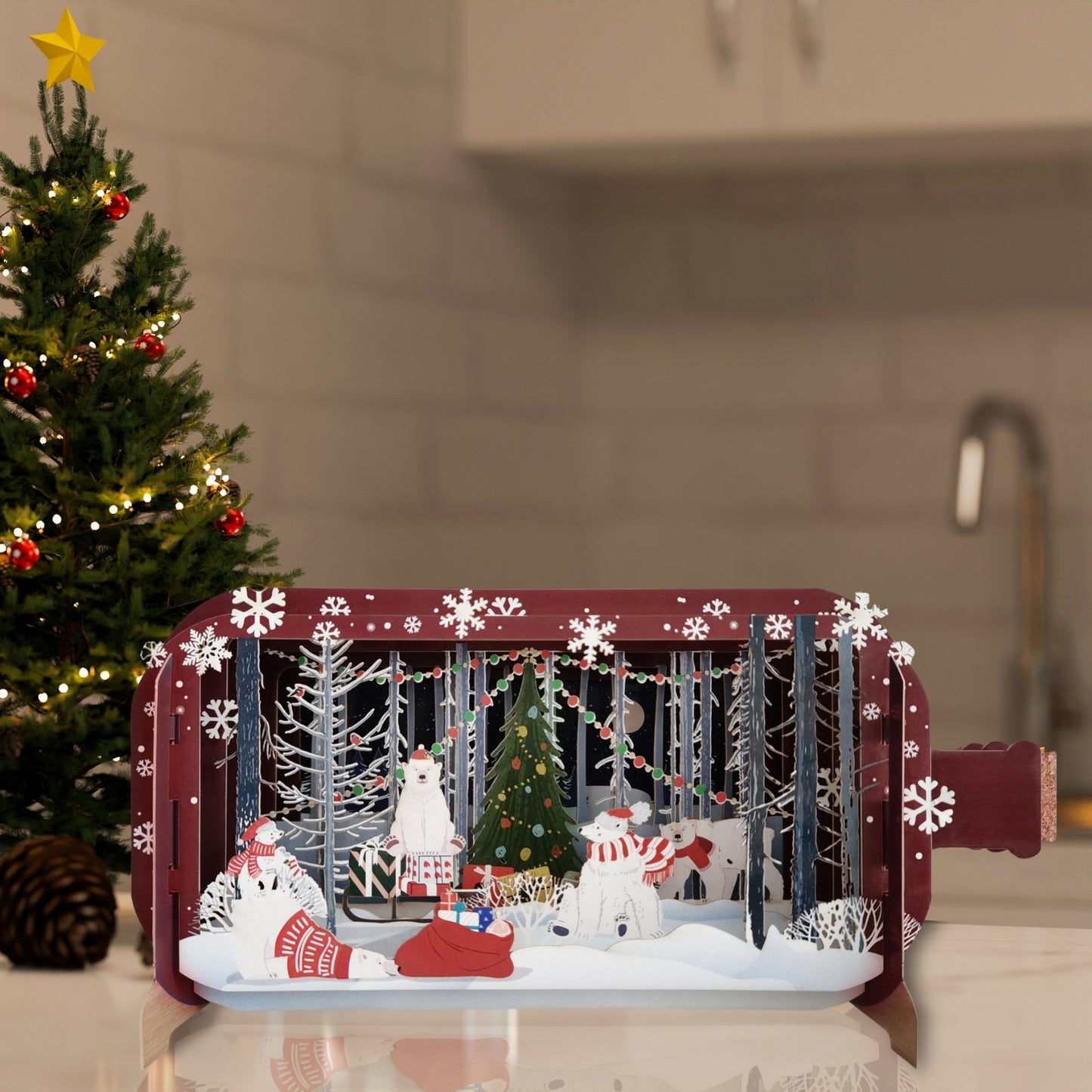 Message In A Bottle Polar Bears Around The Tree Pop Up Christmas Greeting Card