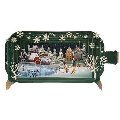Message In A Bottle Village Skate Rink Pop Up Christmas Greeting Card