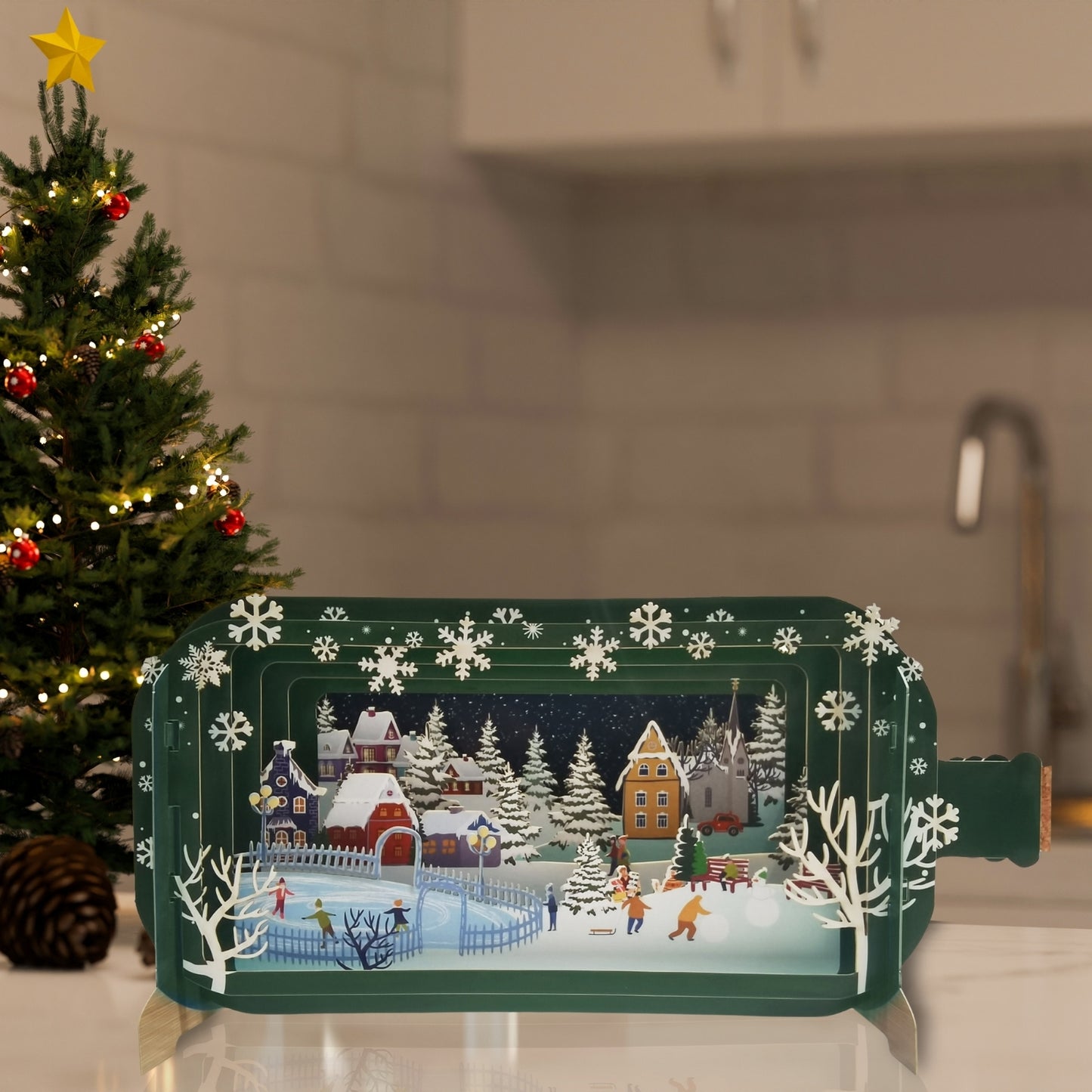 Message In A Bottle Village Skate Rink Pop Up Christmas Greeting Card