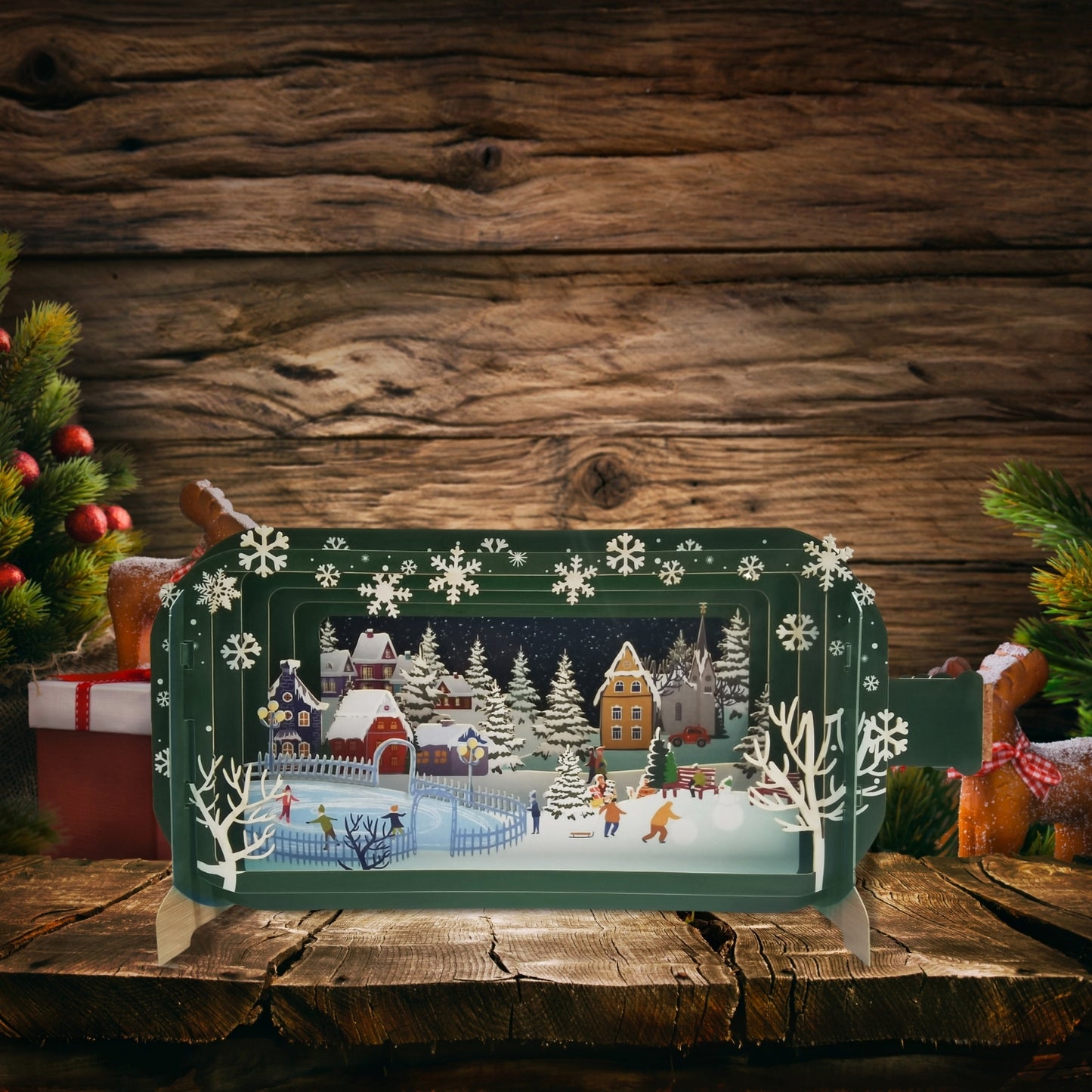 Message In A Bottle Village Skate Rink Pop Up Christmas Greeting Card