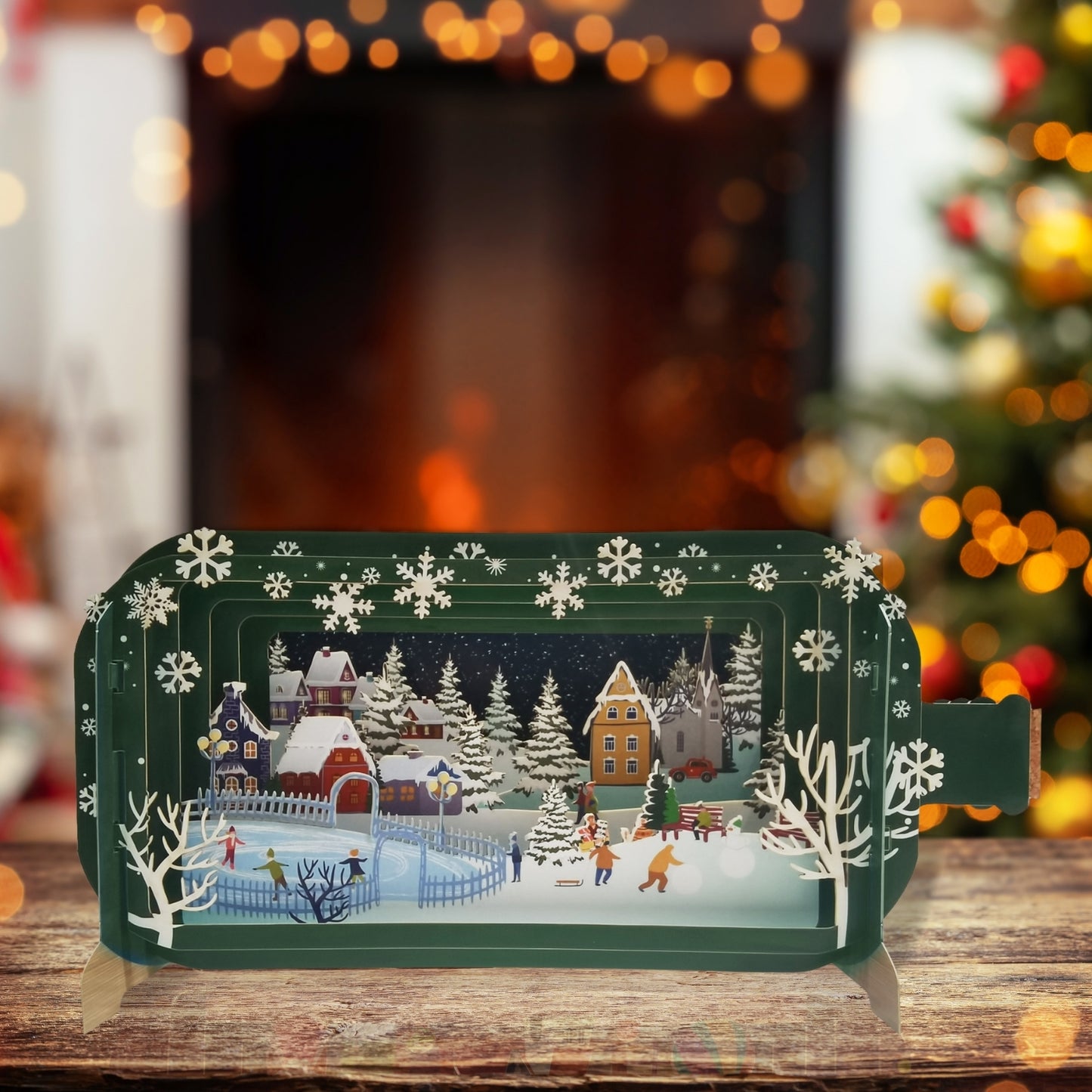Message In A Bottle Village Skate Rink Pop Up Christmas Greeting Card