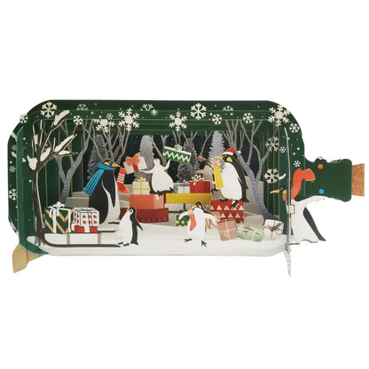 Message In A Bottle Penguins With Presents Pop Up Christmas Greeting Card