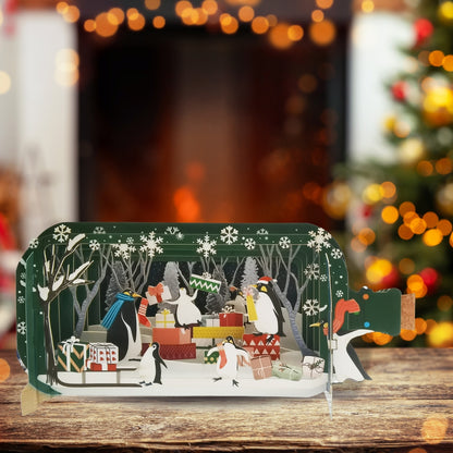 Message In A Bottle Penguins With Presents Pop Up Christmas Greeting Card