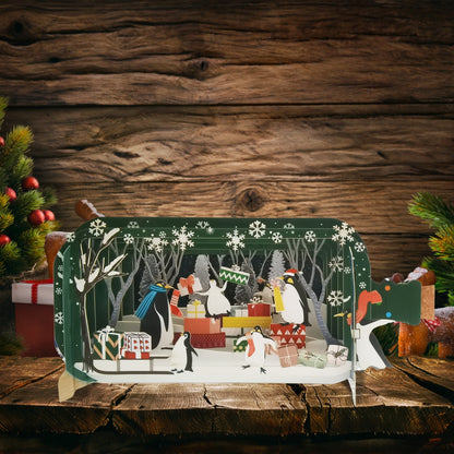 Message In A Bottle Penguins With Presents Pop Up Christmas Greeting Card