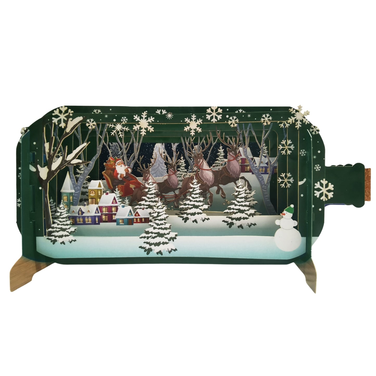 Message In A Bottle Reindeers Pulling Santa Pop Up Christmas Greeting Card